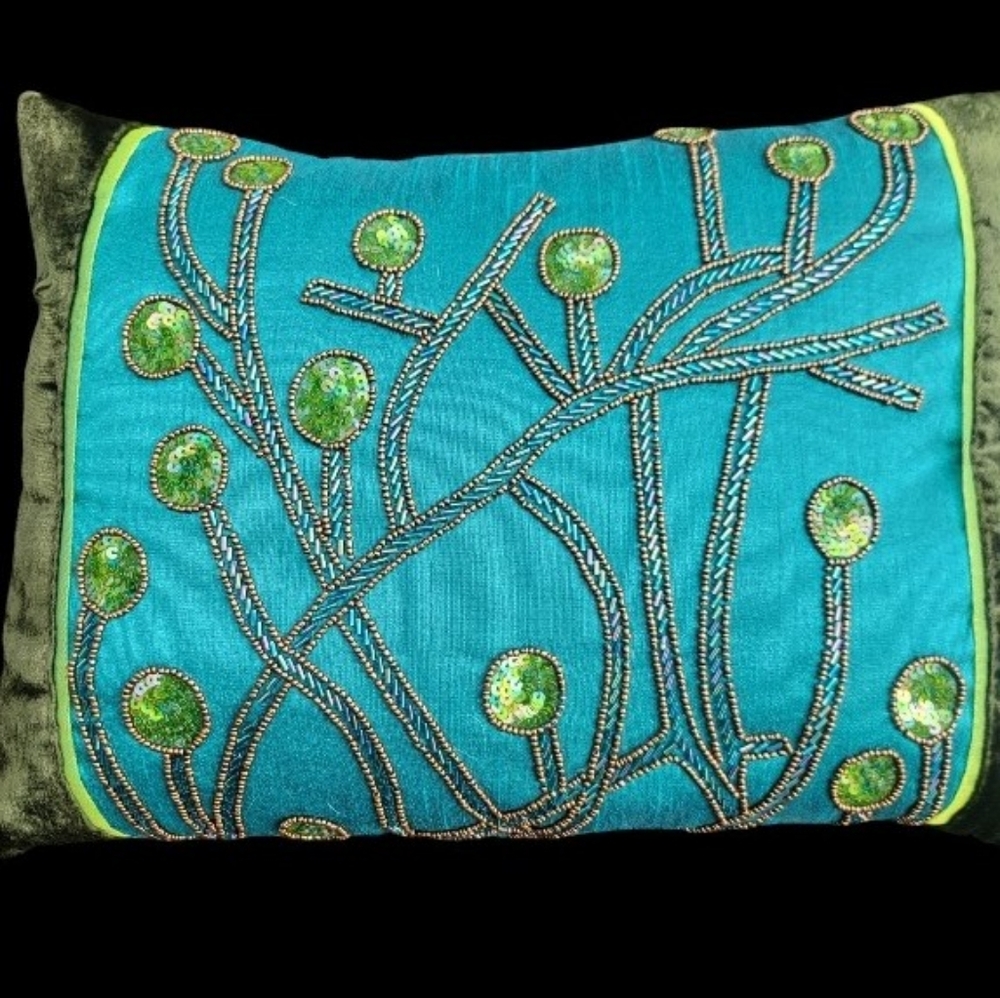 Elegant Teal and Green Embroidered Pillow